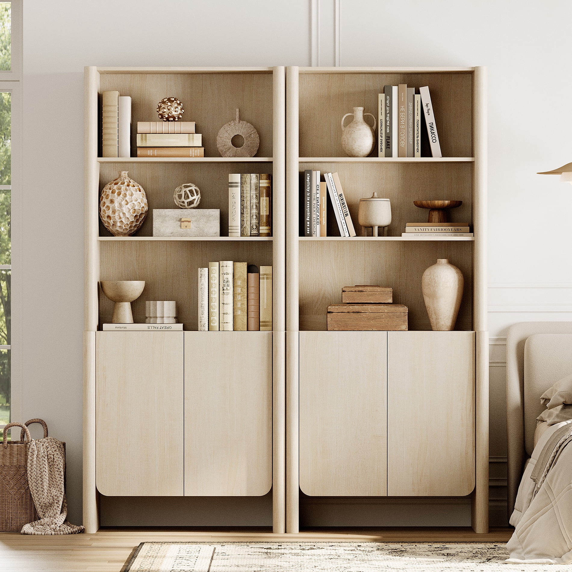 63-Inch Modern French Bookcase with Curved Edges, Doors and Open Shelves, 72.8" Tall, Beige