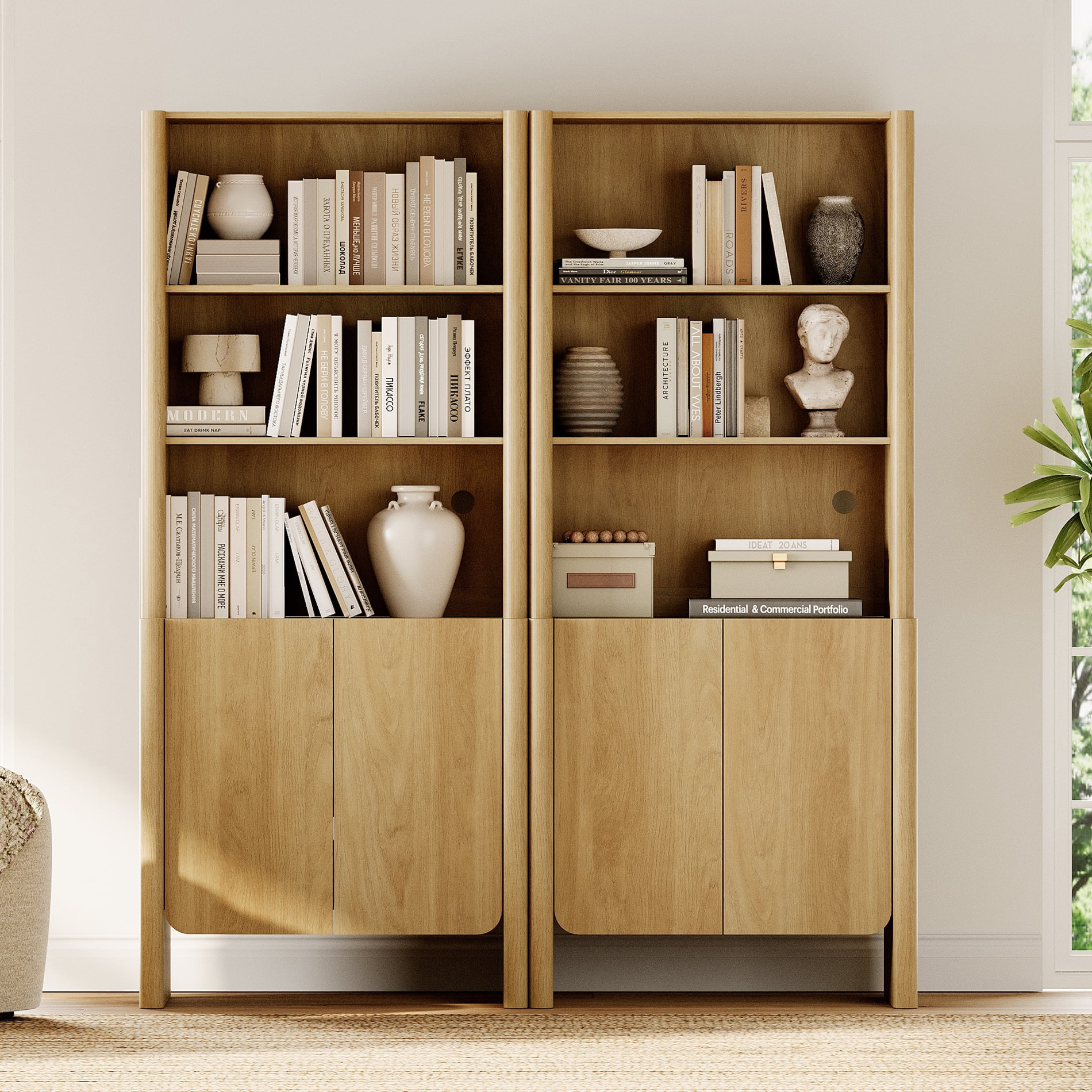63-Inch Modern French Bookcase with Curved Edges, Doors and Open Shelves, 72.8" Tall, Oak