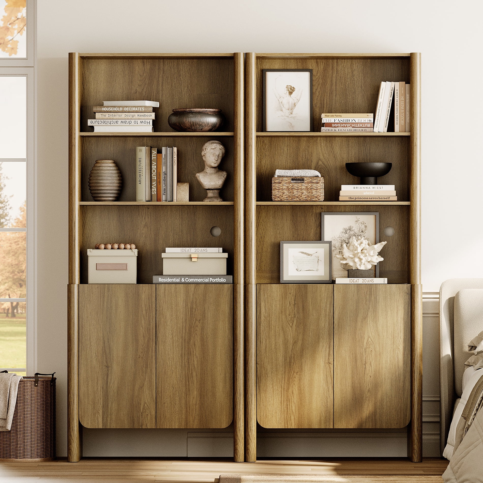63-Inch Modern French Bookcase with Curved Edges, Doors and Open Shelves, 72.8" Tall, Walnut