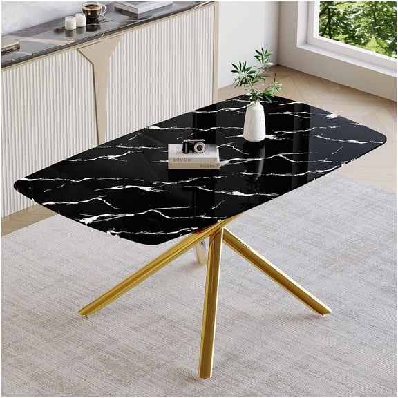 Black and Gold Marble Glass Dining Table with Golden Fork Legs for Modern Home
