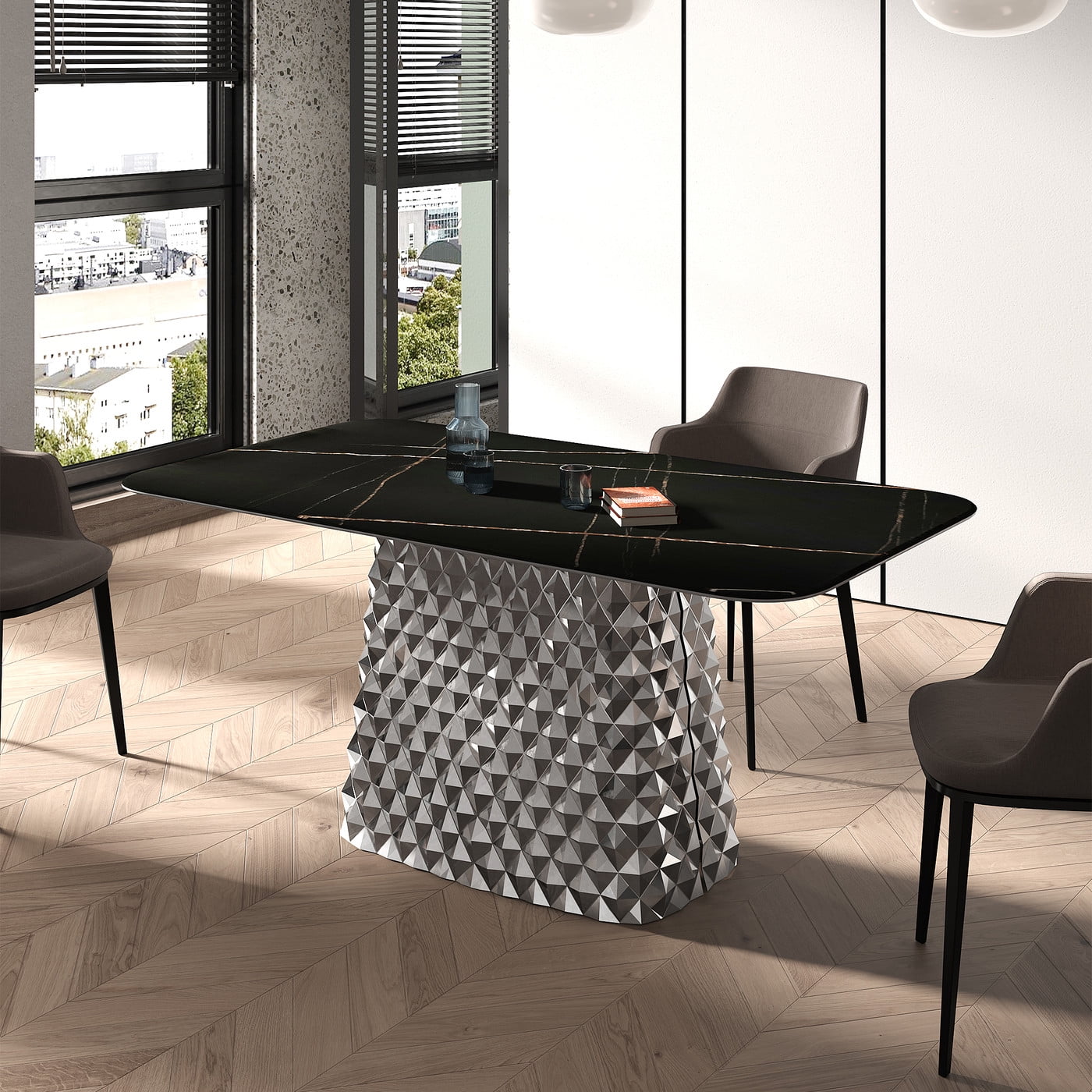 63 Inch Modern Stylish Black Slate Dining Table with Ripple Stainless ...