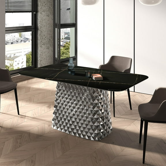 63 Inch Modern Stylish Black Slate Dining Table with Ripple Stainless Steel Pedestal