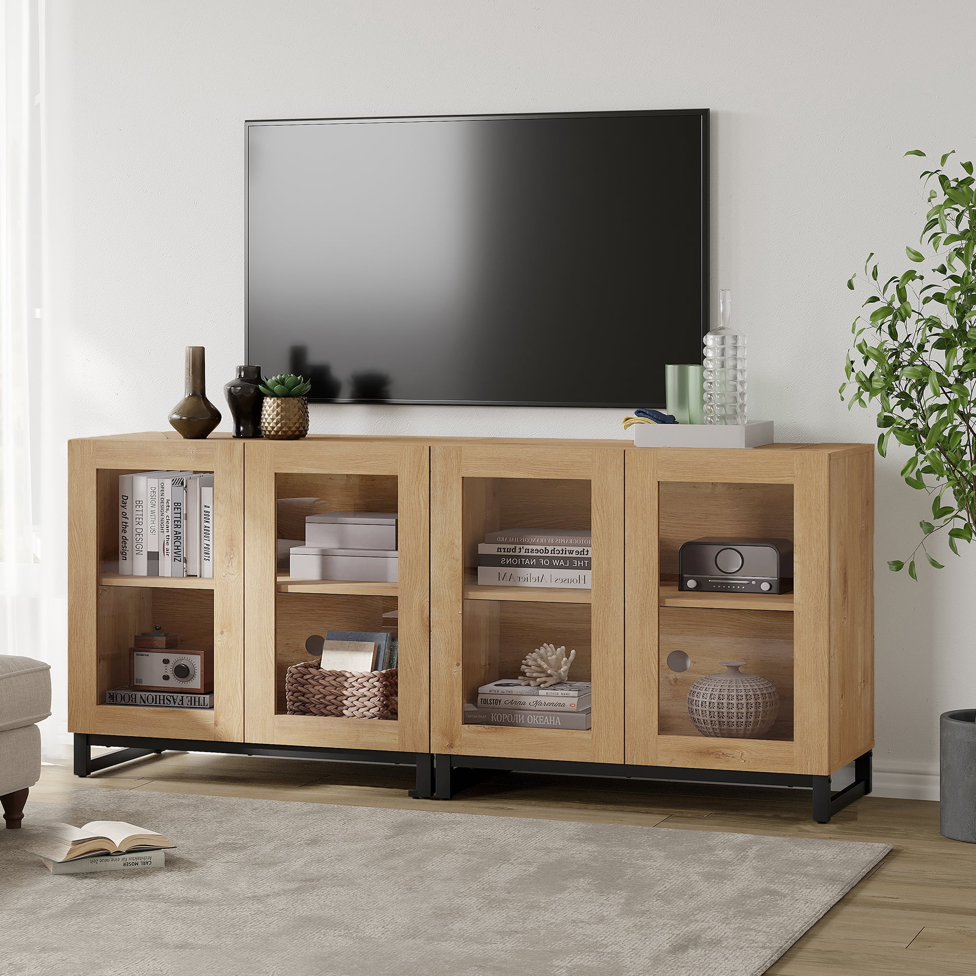 63 Inch Modern TV Stand with Glass Doors, Entertainment Center TV Console with Adjustable Shelves, Multi-Functional Media Cabinet for 32-70 Inch TVs, Ideal for Living Room,Oak