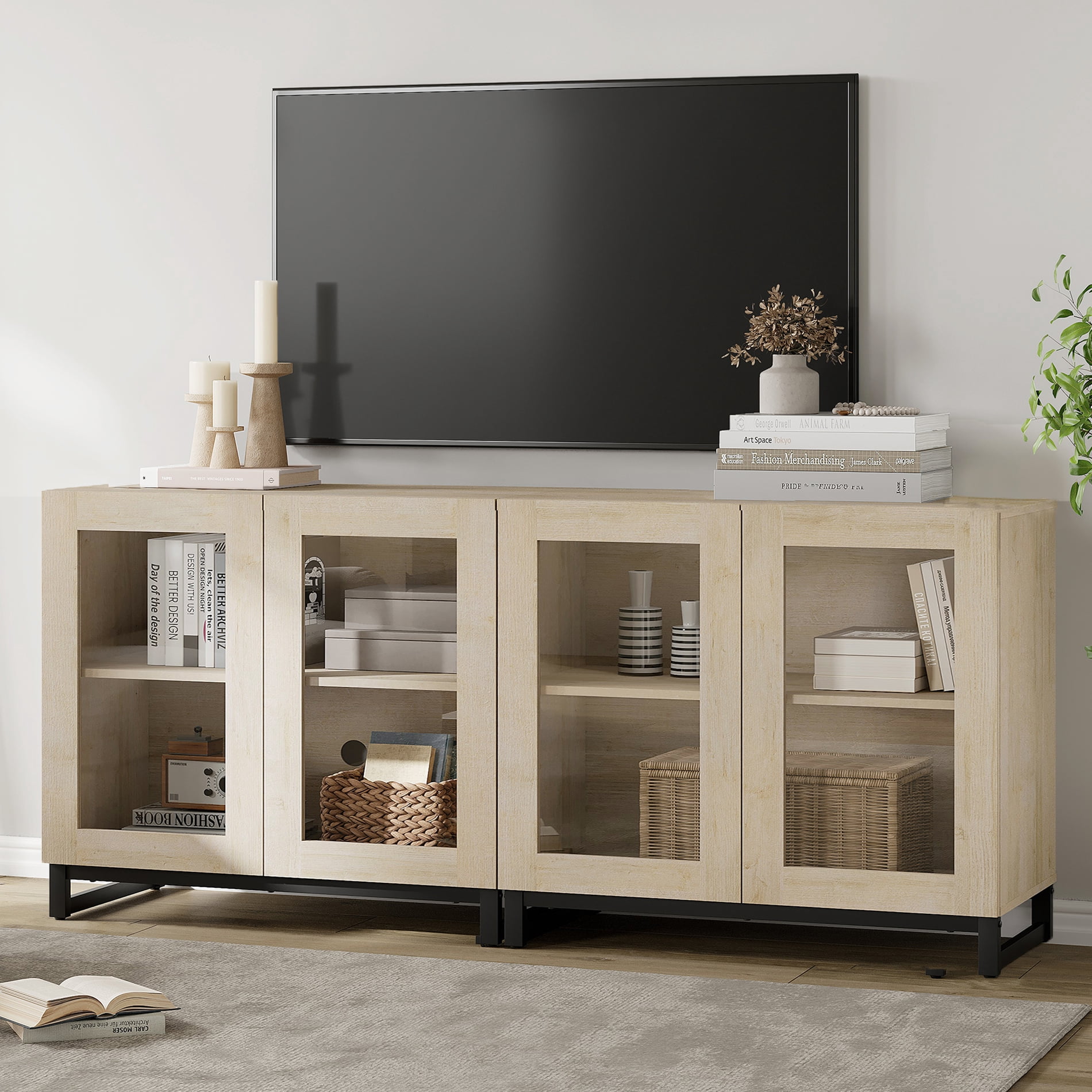 63 Inch Modern TV Stand with Glass Doors, Entertainment Center TV Console with Adjustable Shelves, Multi-Functional Media Cabinet for 32-70 Inch TVs, Ideal for Living Room,Beige