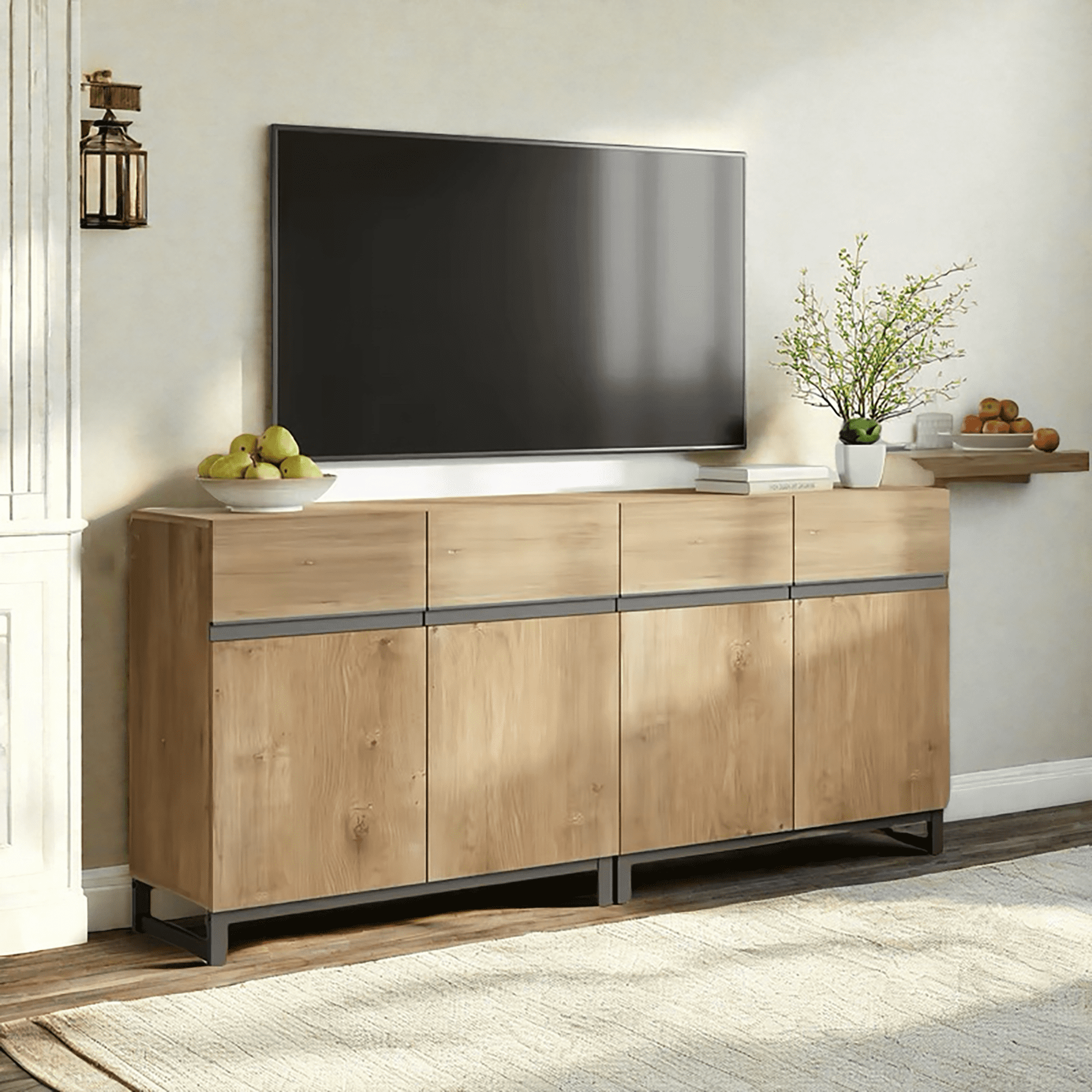 63 Inch Modern TV Stand for TVs up to 70 Inch, 2 Packs Wood Entertainment Center with Storage Doors, Adjustable Shelves and Sturdy Metal Base, Media Console Cabinet for Living Room Bedroom,Oak