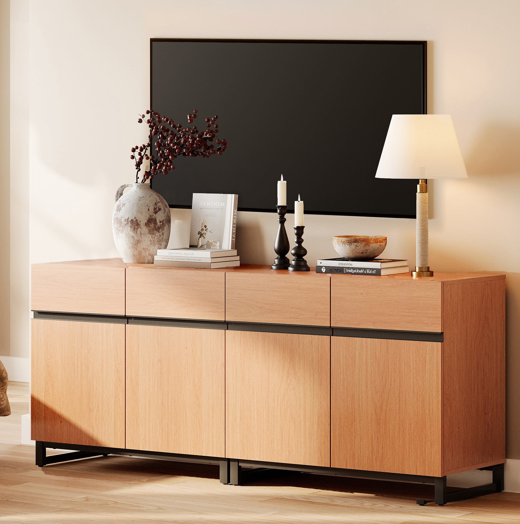 63 Inch Modern TV Stand for TVs up to 70 Inch, 2 Packs Wood Entertainment Center with Storage Doors, Adjustable Shelves and Sturdy Metal Base, Media Console Cabinet for Living Room Bedroom,Mocha