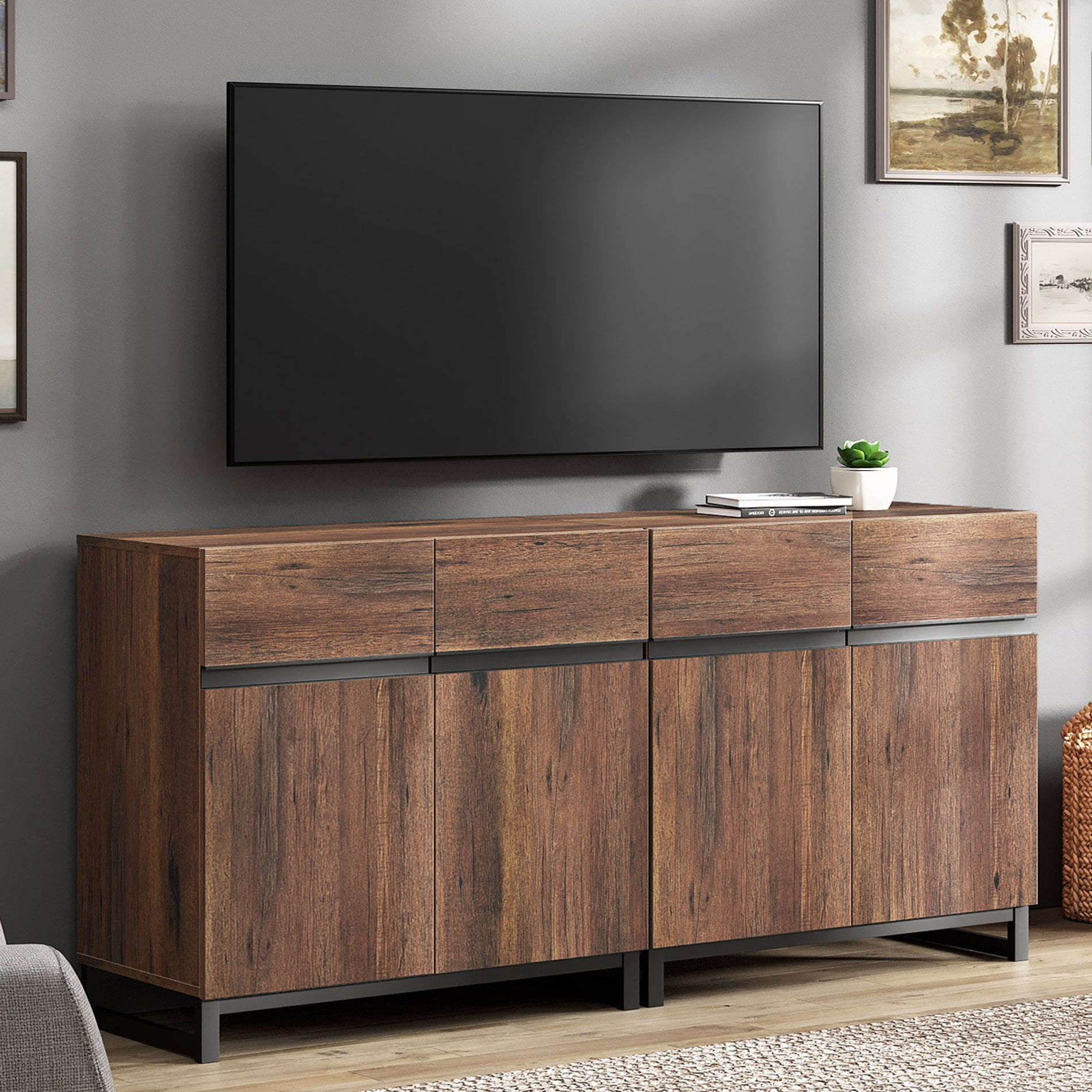 63 Inch Modern TV Stand for TVs up to 70 Inch, 2 Packs Wood Entertainment Center with Storage Doors, Adjustable Shelves and Sturdy Metal Base, Media Console Cabinet for Living Room Bedroom,Brown