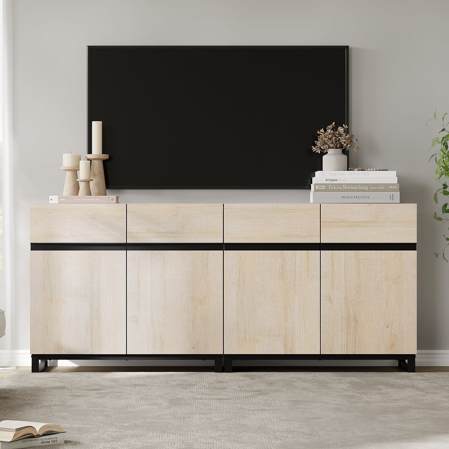 63 Inch Modern TV Stand for TVs up to 70 Inch, 2 Packs Wood Entertainment Center with Storage Doors, Adjustable Shelves and Sturdy Metal Base, Media Console Cabinet for Living Room Bedroom,Beige