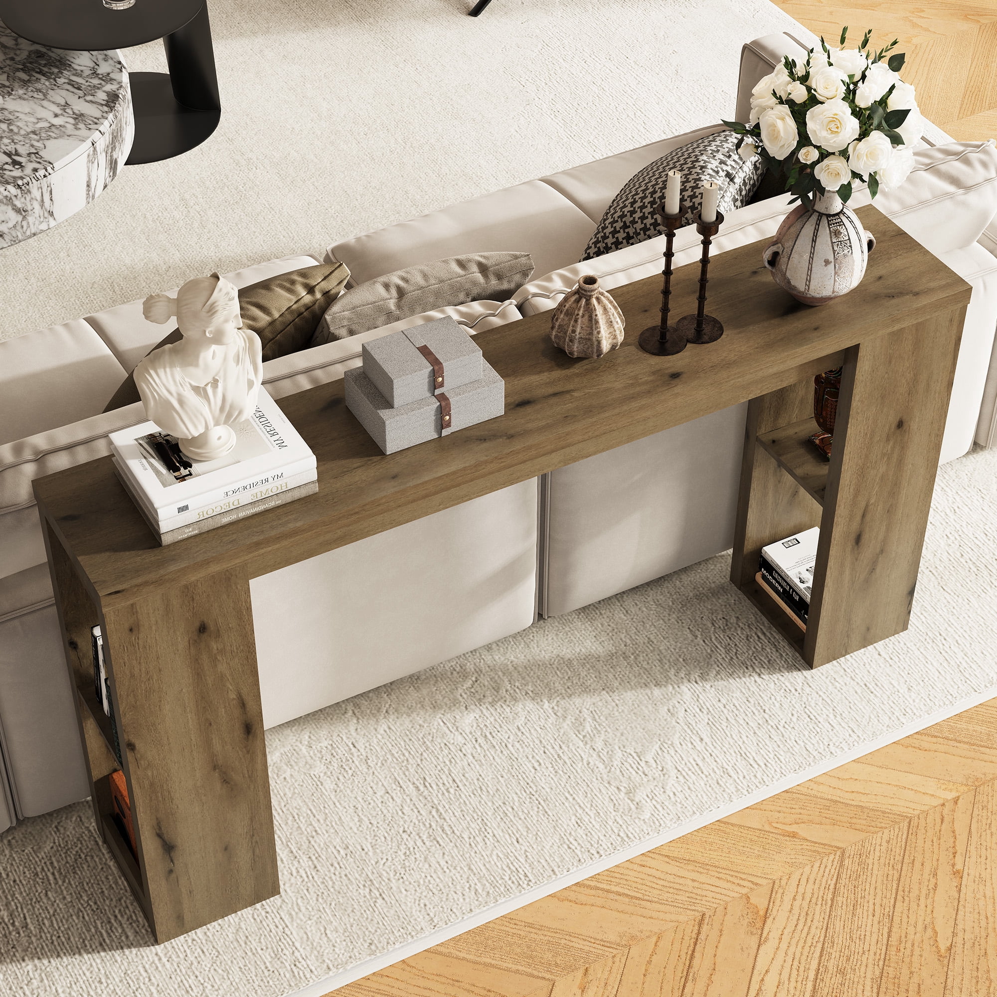 63 Inch Natural Farmhouse Console Table with Open Storage Shelves, Rectangular Wooden Entryway Sofa Table for Hallway Living Room Foyer Decor Display