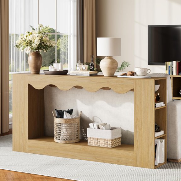 63-Inch Natural Oak Console Table with RGB Ambient Light and 3-Tier Storage Bookshelf, Narrow Entryway Table for Hallway and Behind Couch