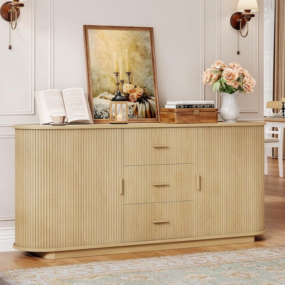 63-Inch Oak Fluted Sideboard Buffet Cabinet with 3 Drawers, 2 Doors, and Adjustable Shelf