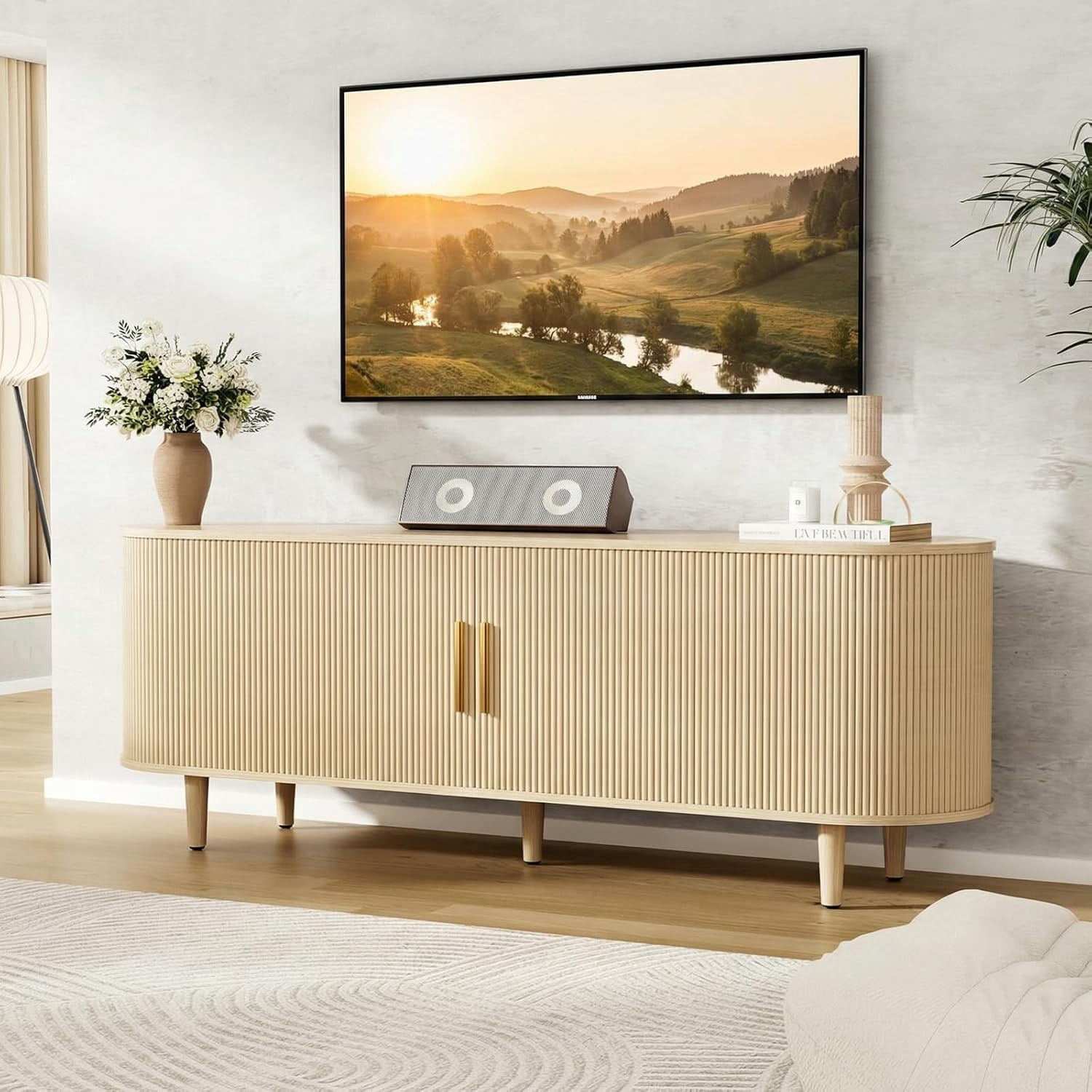 63-Inch Oak Fluted TV Stand with Sliding Doors and Adjustable Shelves ...