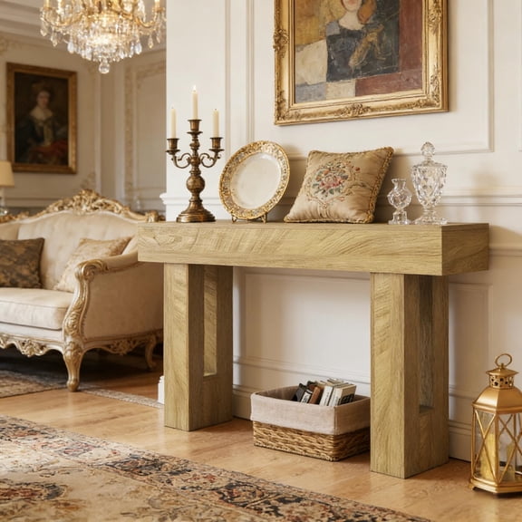 63 Inch Oak Long Console Table for Entryway Hallway Living Room