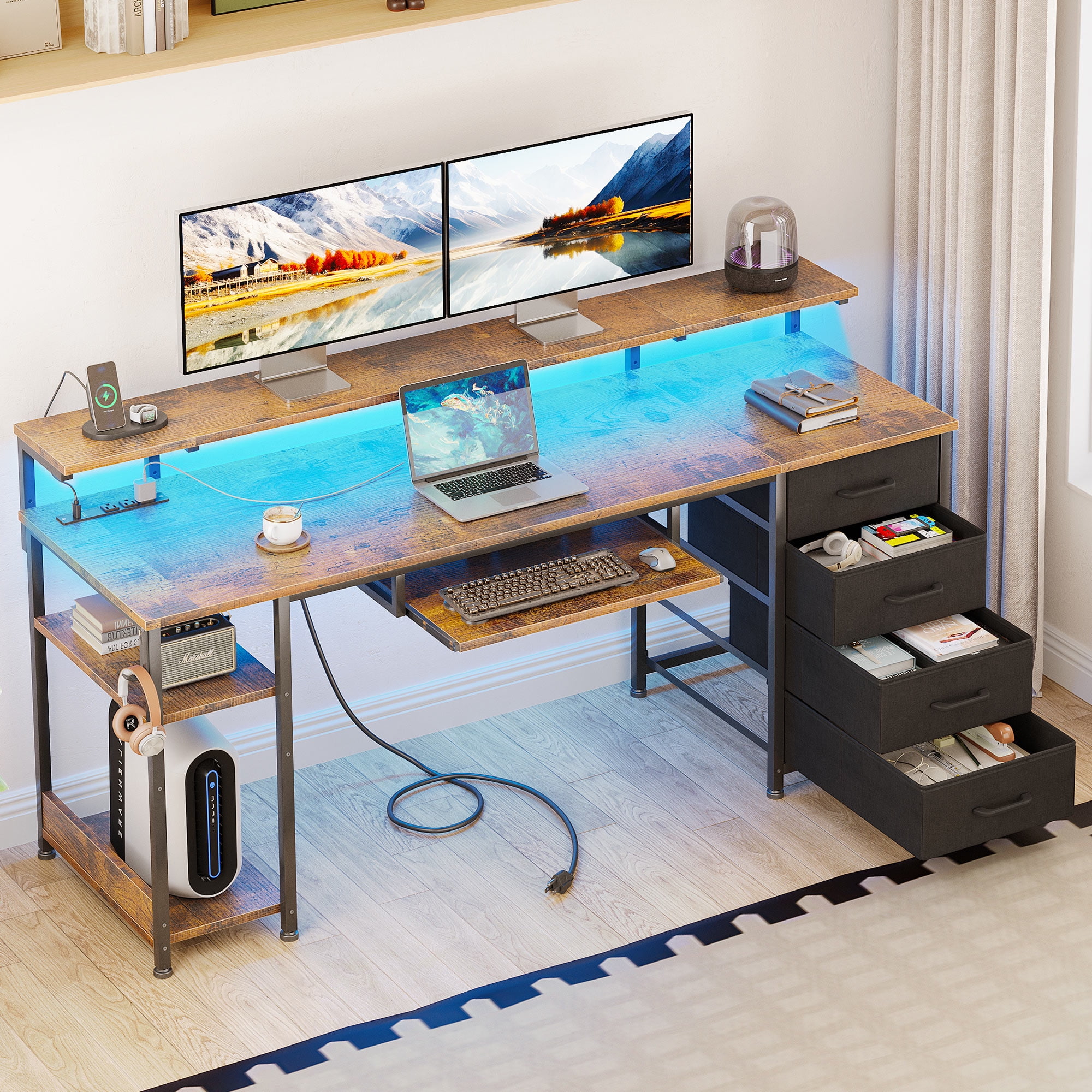 Walmart sales :  63 inch Office Desk with Power Outlet and Adjustable Monitor Stand, Computer Desk with Fabric Drawer and Keyboard Tray, Gaming Desk with LED Light & PC Stand, Vintage