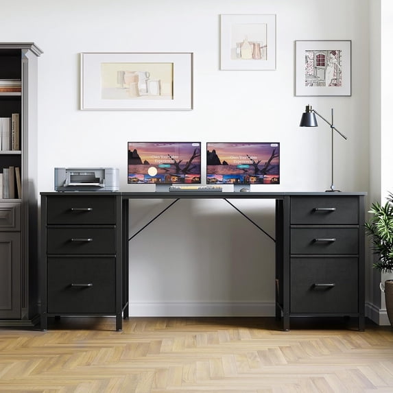 63 Inch Office Desk with 6 Fabric Drawers, Large Computer Desk for Home Office with Hidden Storage Shelves, Black