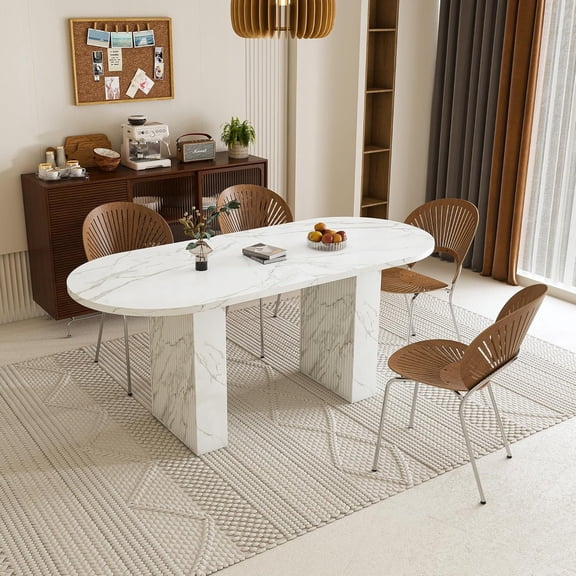 63-Inch Oval Mid-Century Modern Dining Table for 4-6 Persons, White Marble Finish for Kitchen or Living Room