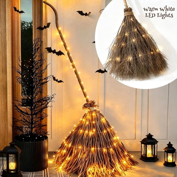 63 Inch Oversized Halloween Witch Broom with LED Lights, Eye-Catching Tall Straw Besom for Creative Front Porch Display