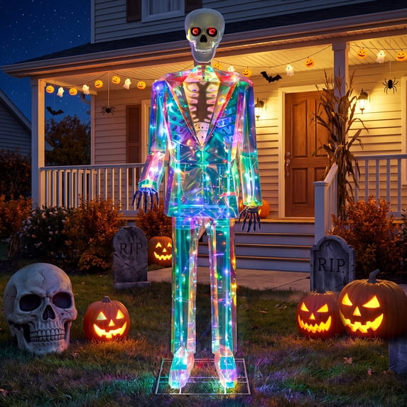 Metal Rotation 63-Inch Pre-Lit Iridescent Skeleton Halloween Decoration with 120 LED ...