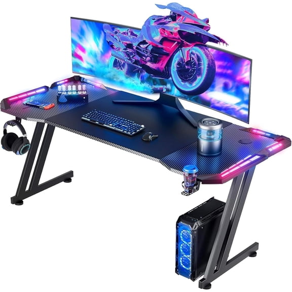 63 Inch RGB Gaming Desk with Cup Holder, Headphone Hook and Mouse Pad Ergonomic Modern Computer Desk for Home Office or Gaming Setup, Black
