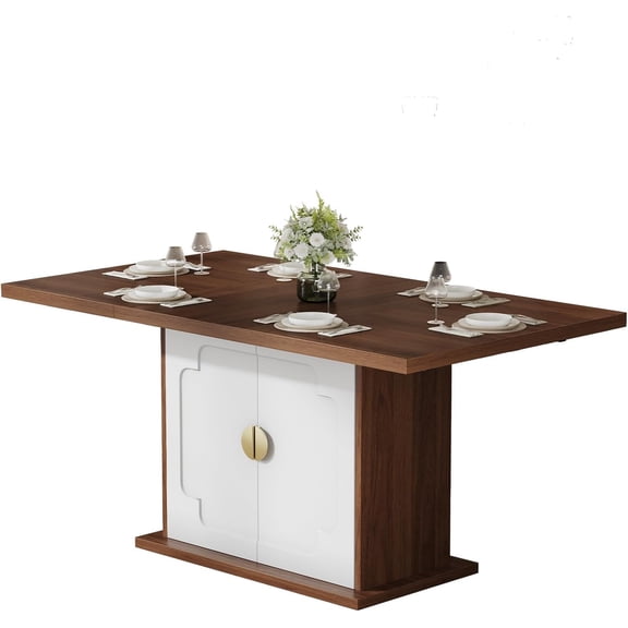 63 Inch Rectangular Dining Table with Hidden Storage, Space-Saving Modern Pedestal Table for 4–6 People, Sturdy Kitchen & Dining Room Table, Walnut