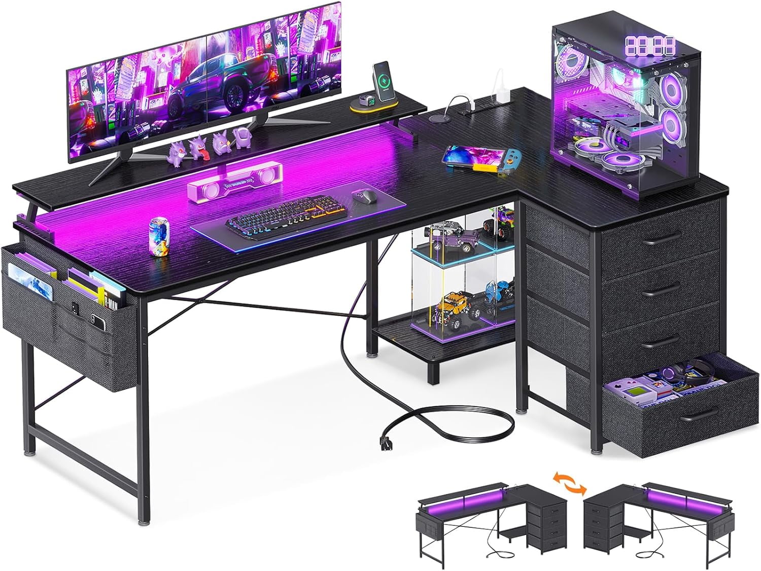 63Inch Reversible LShaped Computer Desk with 4 Drawers Office Desk