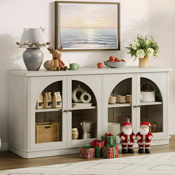 63 Inch Sideboard Buffet Cabinet, Modern Arched Buffet with Glass Doors, Large Curved Cabinets with Storage, Console Credenza w/Adjustable Shelves for Living Room, Kitchen, Entryway, White Oak