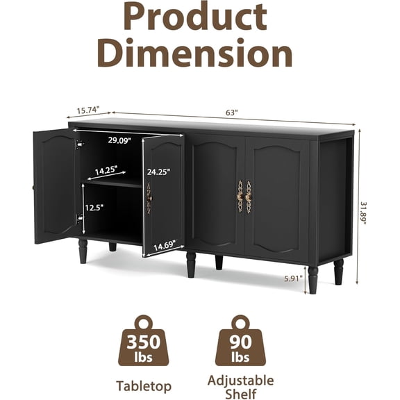 63 Inch Sideboard Buffet Cabinet with Storage Mid Modern Credenza Adjustable Shelves Carved Handles Kitchen Buffet Table Large Coffee Bar for Dining Room Living Room Black