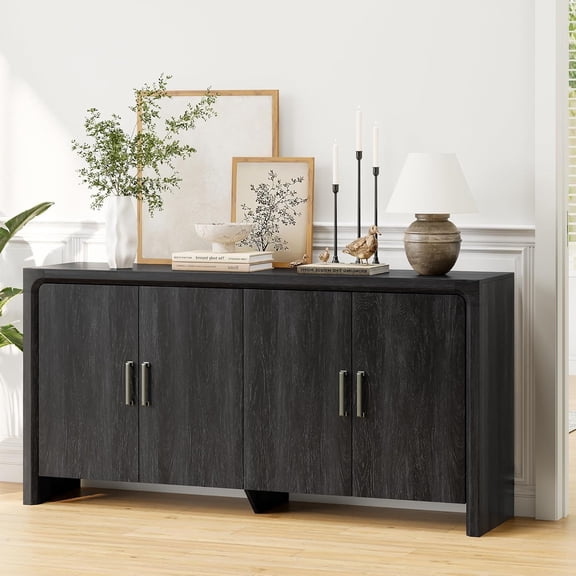 63 Inch Sideboard Buffet Cabinet with Storage, Mid Modern Wood Buffets & Sideboards with Adjustable Shelves and 4 Doors, Coffee Bar Console Table for Kitchen Living Room Hallway, Dark Grey