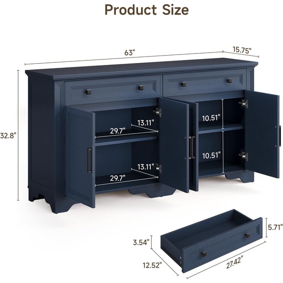 63 Inch Sideboard Buffet Cabinet with Storage Drawers and Doors, Blue Wood Credenza for Living Room Kitchen Hallway