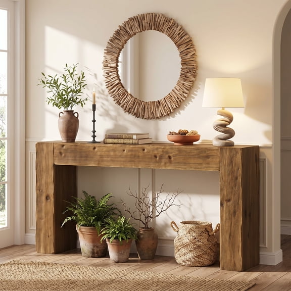 63 Inch Solid Wood Console Table Farmhouse Sofa Table Behind Couch Entryway Foyer Living Room Hallway Accent Table Easy Assembly, Rustic Brown