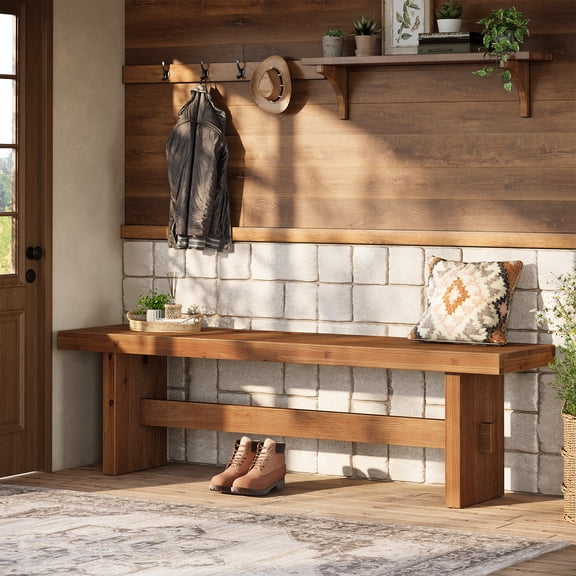 63-Inch Solid Wood Entryway Bench, Extra Long Farmhouse End of Bed Bench with Rustic Seat for Bedroom, Hallway, Foyer