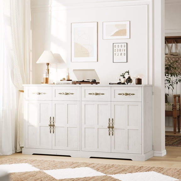 63 Inch Storage Cabinet, Modern Farmhouse Sideboard Buffet with 4 Doors & 4 Drawers, Gold Handles, Entryway Console Table