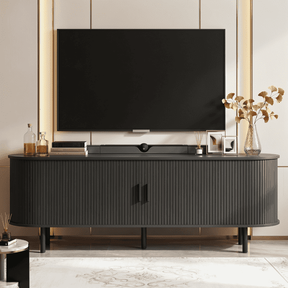 ROGALIS 63 Inch TV Stand with Sleek Sliding Doors, Built-in Power Outlet, Compatible with TVs up to 70 Inches, Media Console for living rooms, Black