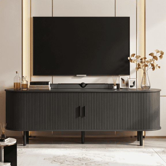 ROGALIS 63 Inch TV Stand with Sleek Sliding Doors, Built-in Power Outlet, Compatible with TVs up to 70 Inches, Media Console for living rooms, Black