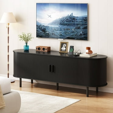 63 Inch TV Stand with Built-in Power Outlet, Compatible with TVs up to 70 Inches, Designed with Sleek Sliding Doors, a Functional Media console perfect for living rooms, available in a timeless Black