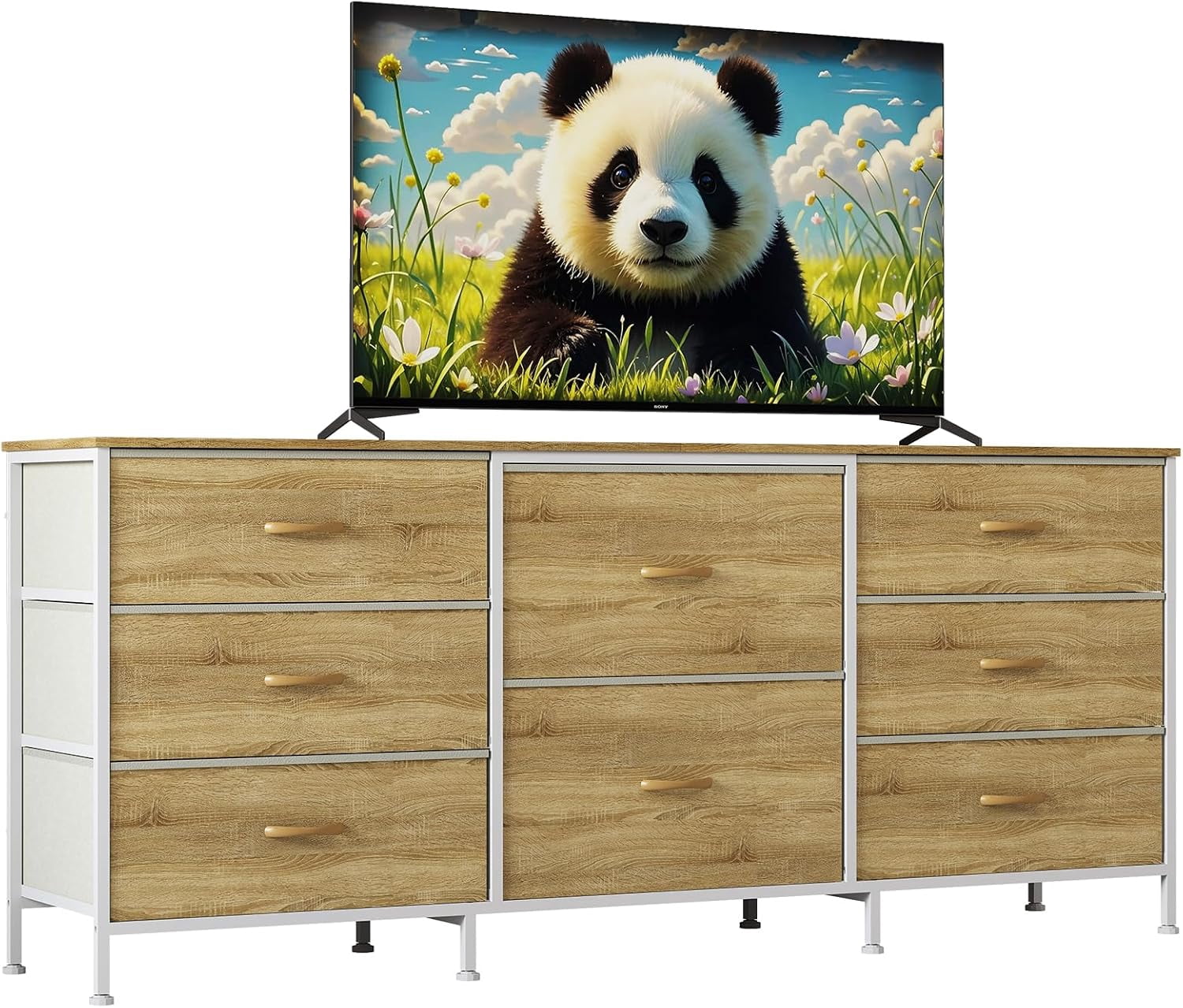 63 Inch TV Stand Dresser for Bedroom, 8 Fabric Drawers, for 65 70 75 Inch TV, Entertainment Center with Storage Media TV Console Table