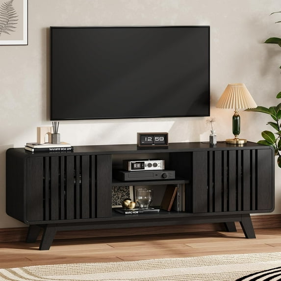 63-Inch TV Stand for TVs up to 75 Inch, Mid-Century Modern Television Stand with Power Outlet, Entertainment Center with Sliding Grille Door Cabinets and Open Shelves for Living Room, Black