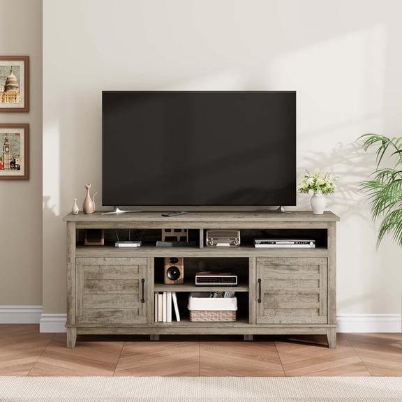 63 Inch TV Stand for Televisions Up to 70 Inches, Rustic Farmhouse Media Console with Height-Height-Customizable Shelves & Cabinet Doors, Entertainment Center for Living Room or Bedroom,Gray