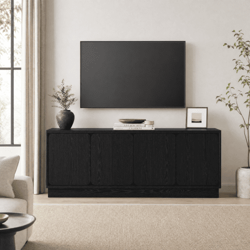 63-Inch TV Stand with 4 Storage Doors and Cable Holes, Low-Profile Media Console, Modern Entertainment Cabinet for Living Room, Black