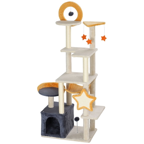 63-Inch Tall Cat Tree Tower with Moon and Star Design, Multi-Level Cat Activity Center with Condo, Hammock, Plush Bed, Scratching Posts and Board, Interactive Cat Toys for Indoor Cats, Beige
