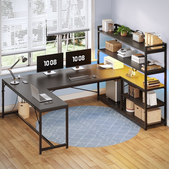 63 Inch U-Shaped Desk with Power Outlet & LED Lights, Reversible Gaming Desk with 5-Tier Storage Shelves, Computer Desk with Spacious Desktop, Corner Desk for Home Office, Black