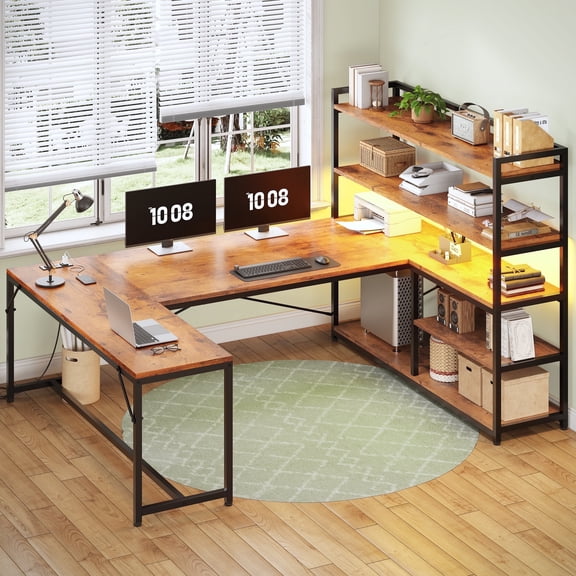 63 Inch U-Shaped Desk with Power Outlet & LED Lights, Reversible Gaming Desk with 5-Tier Storage Shelves, Computer Desk with Spacious Desktop, Corner Desk for Home Office, Rustic Brown
