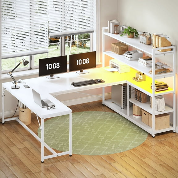 63 Inch U-Shaped Desk with Power Outlet & LED Lights, Reversible Gaming Desk with 5-Tier Storage Shelves, Computer Desk with Spacious Desktop, Corner Desk for Home Office, White
