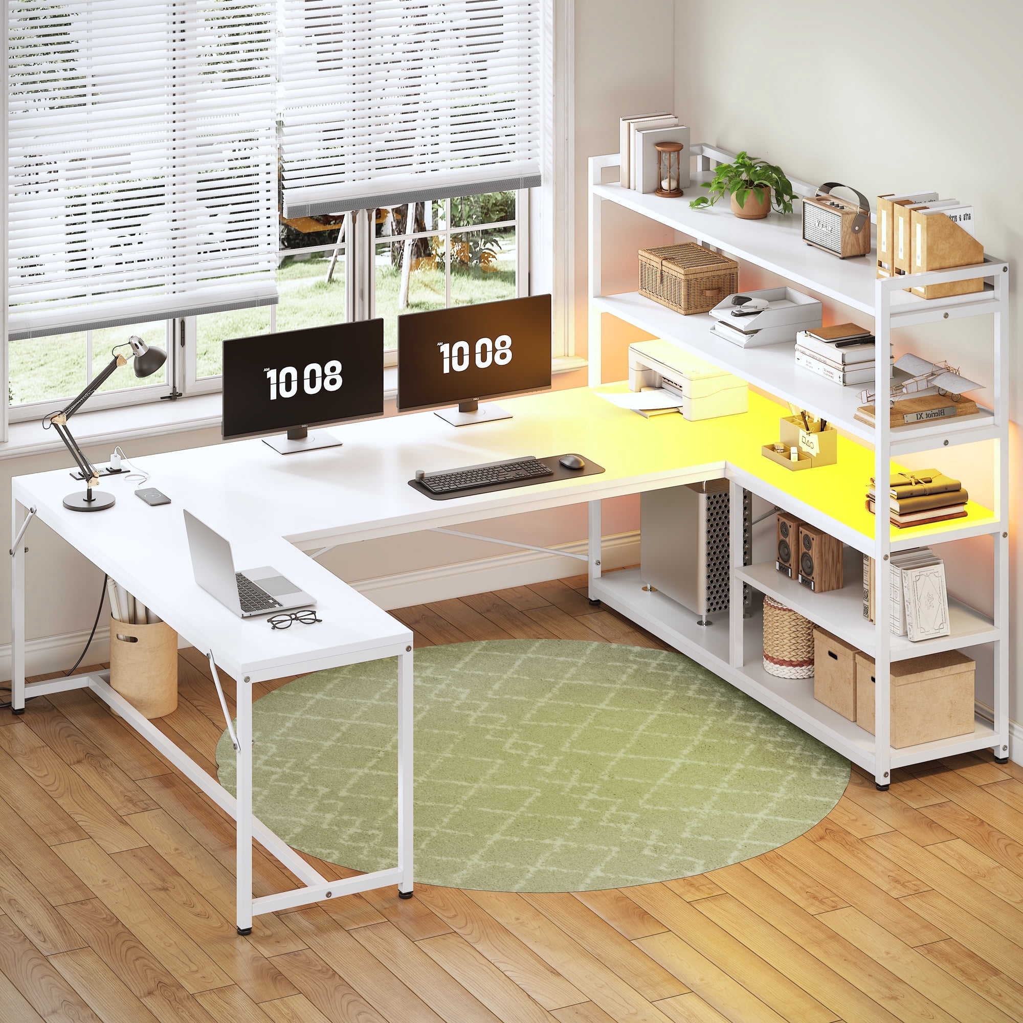 63 Inch U-Shaped Desk with Power Outlet & LED Lights, Reversible Gaming Desk with 5-Tier Storage Shelves, Computer Desk with Spacious Desktop, Corner Desk for Home Office, White