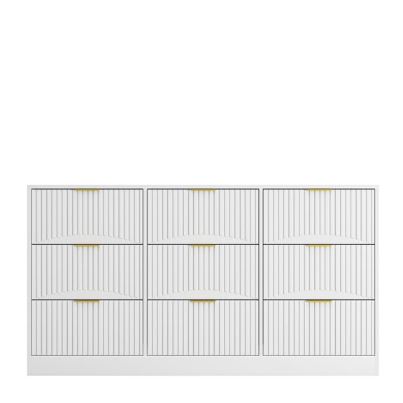63 Inch White 9-Drawer Wave Fluted Dresser, Large Wide Chest of Drawers with Wavy Drawer Panels & Gold Handles, Particle Board Storage Cabinet for Bedroom Living Room Hallway TV Console