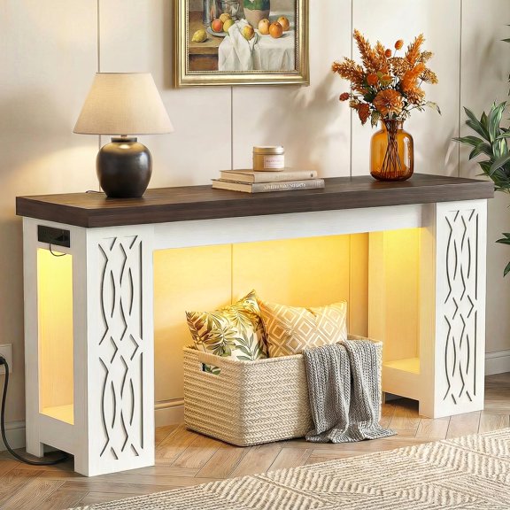 63 Inch White/Black Walnut Console Table With Outlet and LED Lights