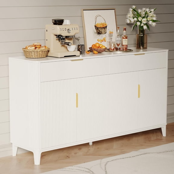 63-Inch White Fluted Sideboard Buffet Cabinet with Storage, Console Coffee Bar Credenza