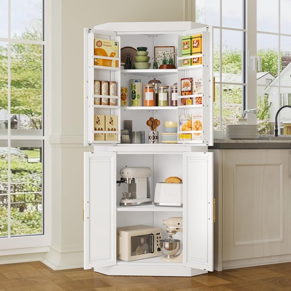 63-Inch White Metal Corner Kitchen Pantry Cabinet with 4 Doors and 6 Door Panel Shelves