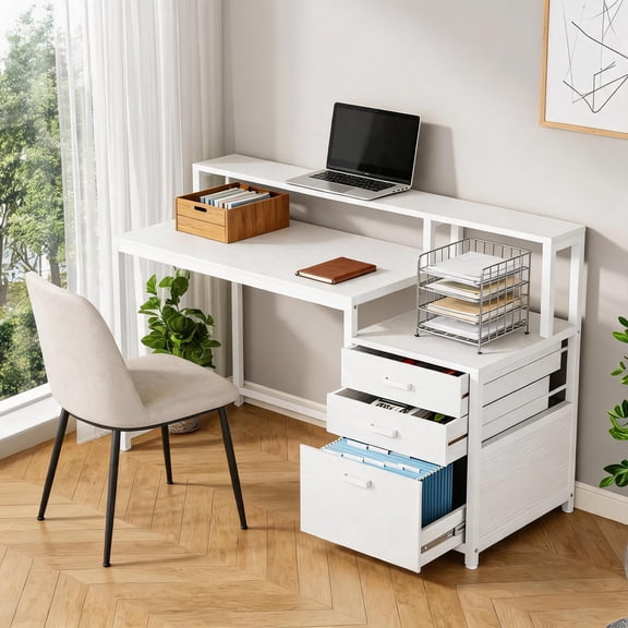 63 Inch White-toned Particle Board Steel Two-Tier Writing Desk for Home Office Work