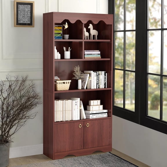63 Inch Wood Bookcase With 2 Cabinets, Shelves, 5-Tier Book Shelf Storage Organizer, Modern Freestanding Display Shelf Unit for Bedroom, Living Room, Office